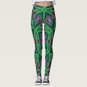 Abstract ornamental lined striped green dark folk leggings