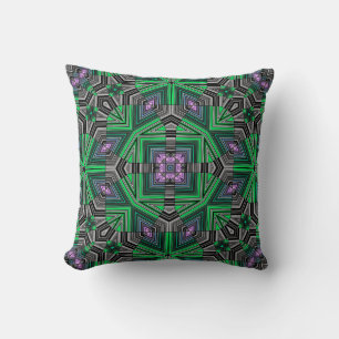 Abstract ornamental lined striped green dark folk throw pillow