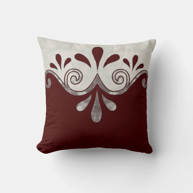 Abstract ornamental shape in burgundy and silver throw pillow (Front)