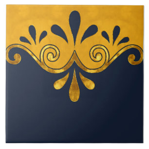 Abstract ornamental shape in navy blue and gold tile
