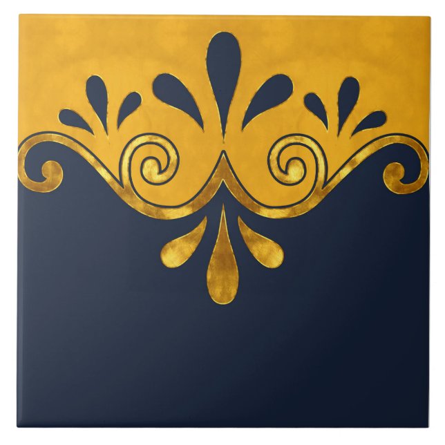 Abstract ornamental shape in navy blue and gold tile (Front)