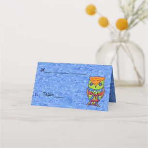 Abstract Owl Neon Colours Star Eyes on Blue Place Card