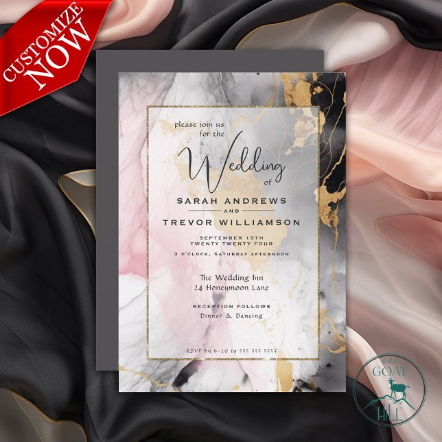 Abstract Paint Black Gold Rose Pink Invitation (Easy to Personalize Template)