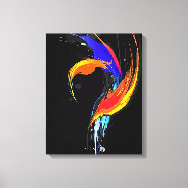 Abstract Paint Splatter Bird of Paradise on Black Canvas Print (Front)