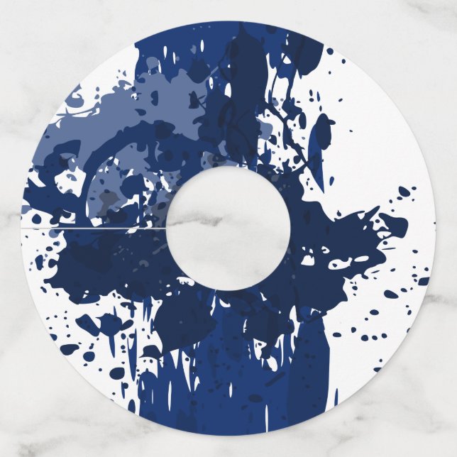 Abstract Paint Splatter Blue Wedding Wine Glass Tag (Front)