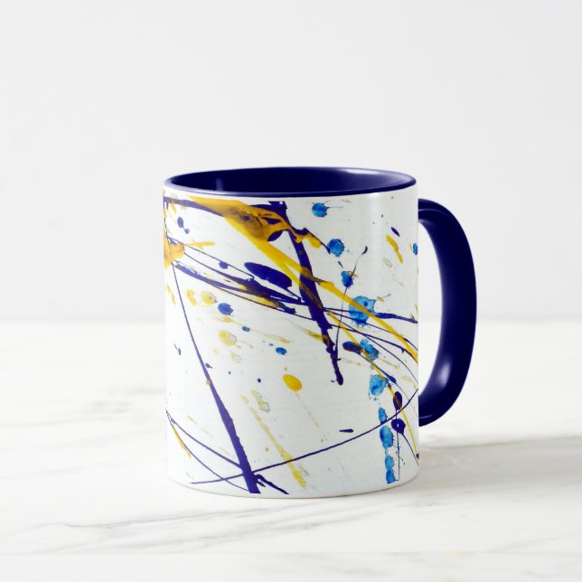 Abstract Paint Splatter in Blue and Gold Mug (Front Right)