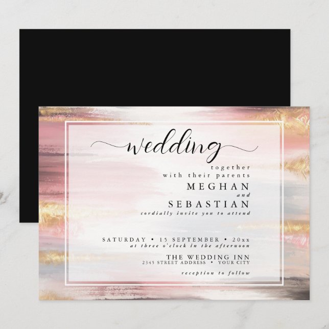 Abstract Paint Strokes Blush Gold Charcoal Invitation (Front/Back)