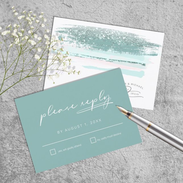 Abstract Paint Strokes Wedding RSVP Teal ID886 Card (Creator Uploaded)