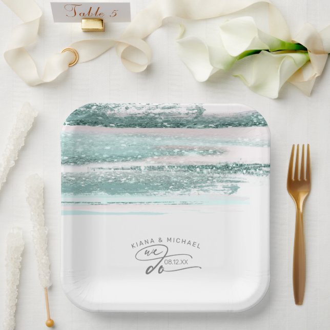 Abstract Paint Strokes Wedding We Do Teal ID886 Paper Plate (Wedding)