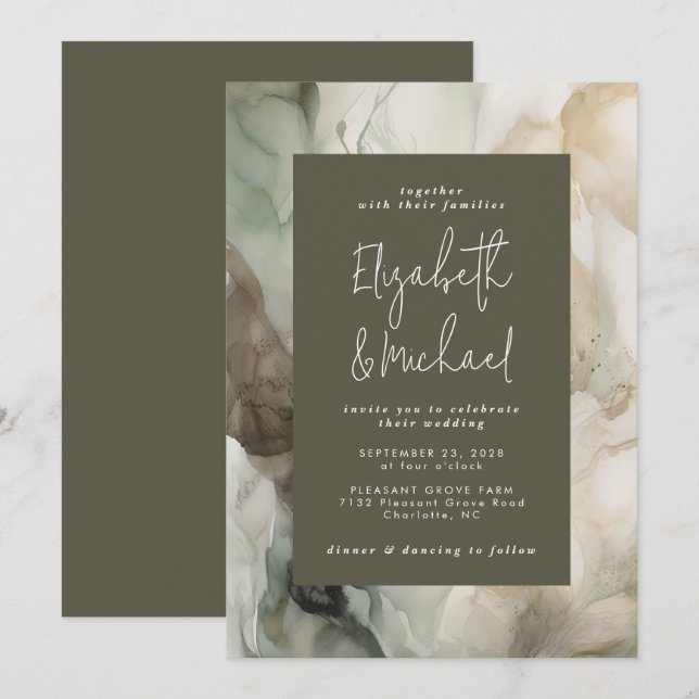 Abstract Painted Modern Dark Green Wedding Invitation (Front/Back)