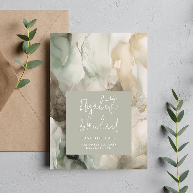 Abstract Painted Modern Sage Green Photo Wedding Save The Date (Creator Uploaded)