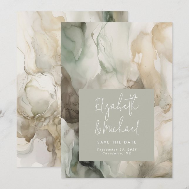 Abstract Painted Modern Sage Green Wedding Save The Date (Front/Back)