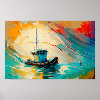 Abstract Painting of Shrimp Boat in a large wave.  Poster