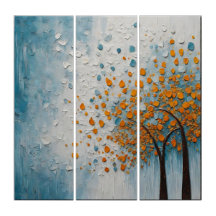 Abstract painting of two trees with orange leaves