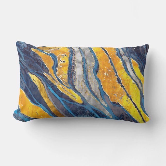 Abstract painting, stripes, gold, silver, blue lumbar pillow (Front)