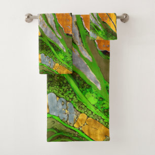 Abstract painting, stripes, gold, silver, green bath towel set
