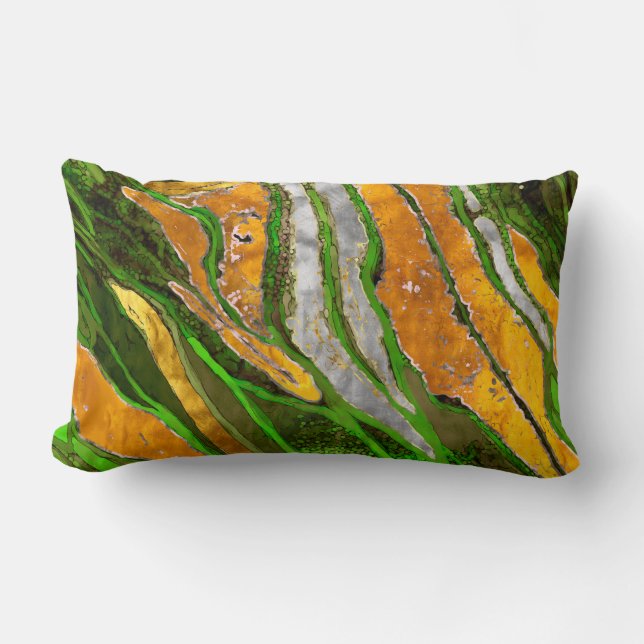 Abstract painting, stripes, gold, silver, green lumbar pillow (Front)