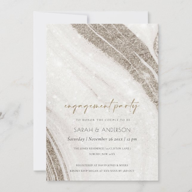 Abstract Pale Gold Marble Agate Engagement Invite (Front)