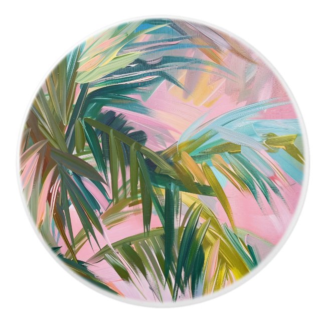 Abstract Palm Frond on Pink Oil Painting Tropical Ceramic Knob (Front)