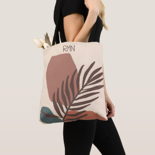 Abstract palm leaf minimalist art monogram tote bag