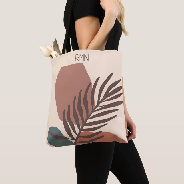 Abstract palm leaf minimalist art monogram tote bag (Close Up)
