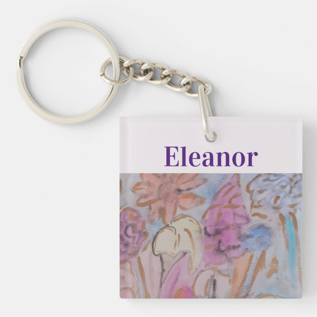 Abstract Pastel Floral Personalized  Keychain (Front)