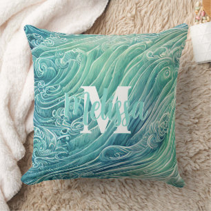 Abstract Pastel Ocean Waves Monogram Throw Pillow