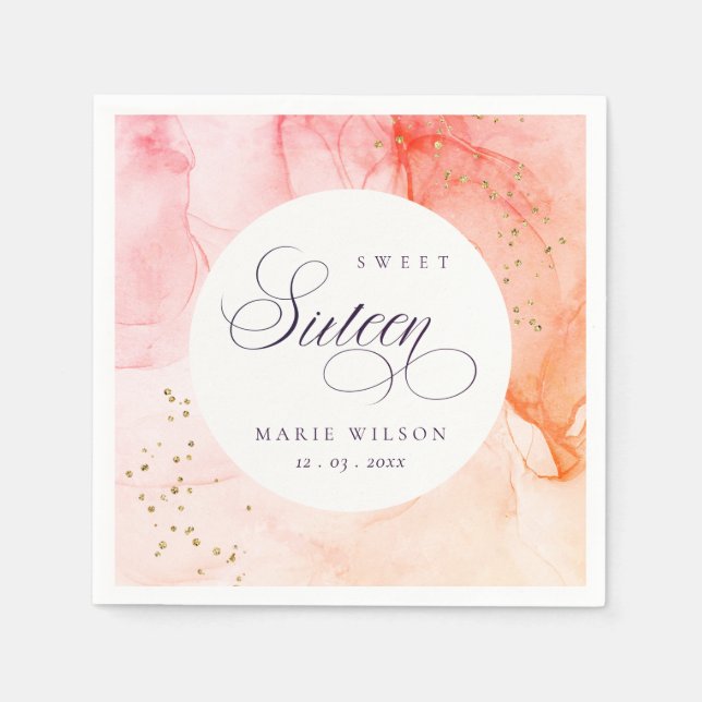 Abstract Pastel Pink Orange Sweet 16 Birthday Napkin (Front)
