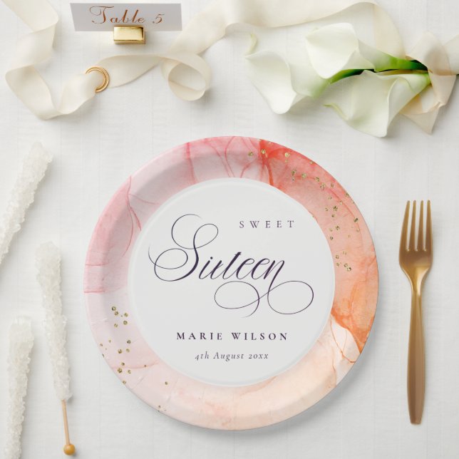 Abstract Pastel Pink Orange Sweet 16 Birthday Paper Plate (Wedding)