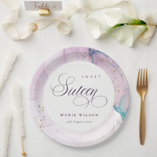 Abstract Pastel Purple Blue Teal Sweet 16 Birthday Paper Plate