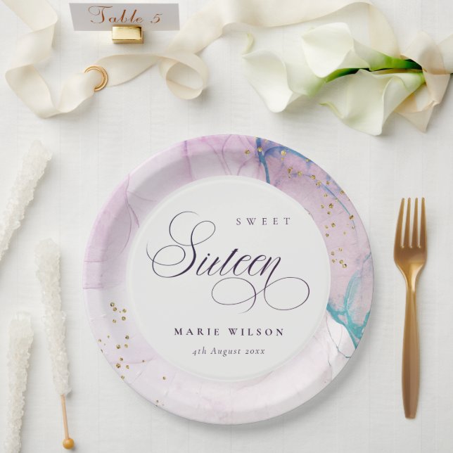 Abstract Pastel Purple Blue Teal Sweet 16 Birthday Paper Plate (Wedding)