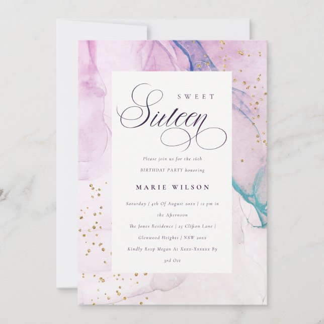 Abstract Pastel Purple Teal Blue Sweet 16 Birthday Invitation (Front)