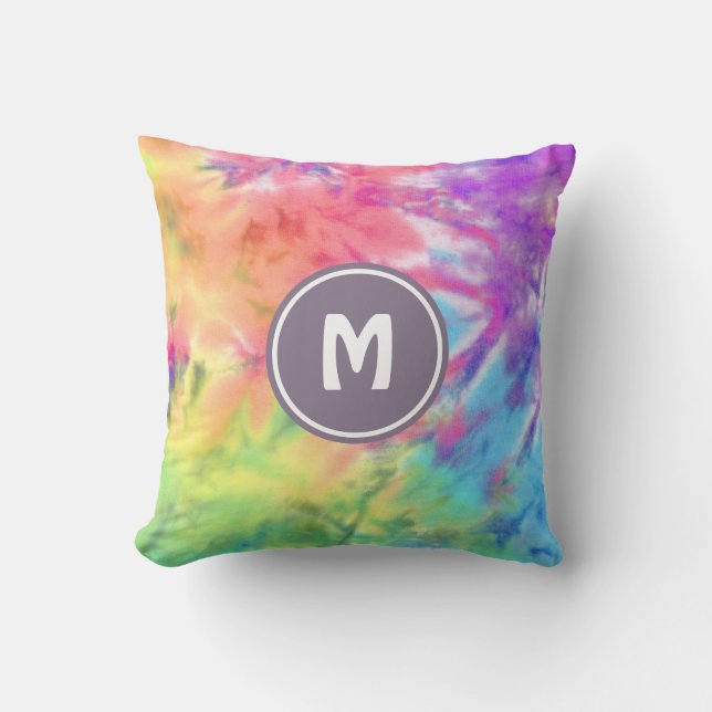 Abstract Pastel Rainbow Fun Batik Tie Dye Monogram Throw Pillow (Front)