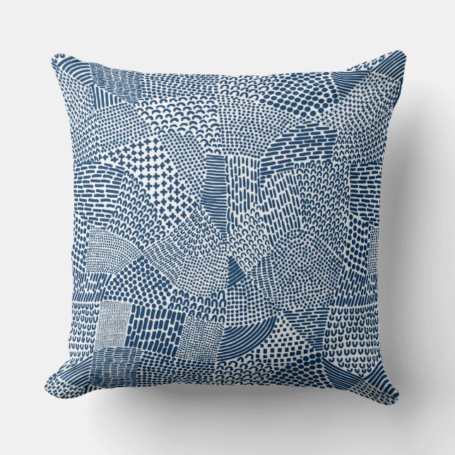 Abstract Patchwork Map - Indigo Dye Blue on White Throw Pillow (Front)