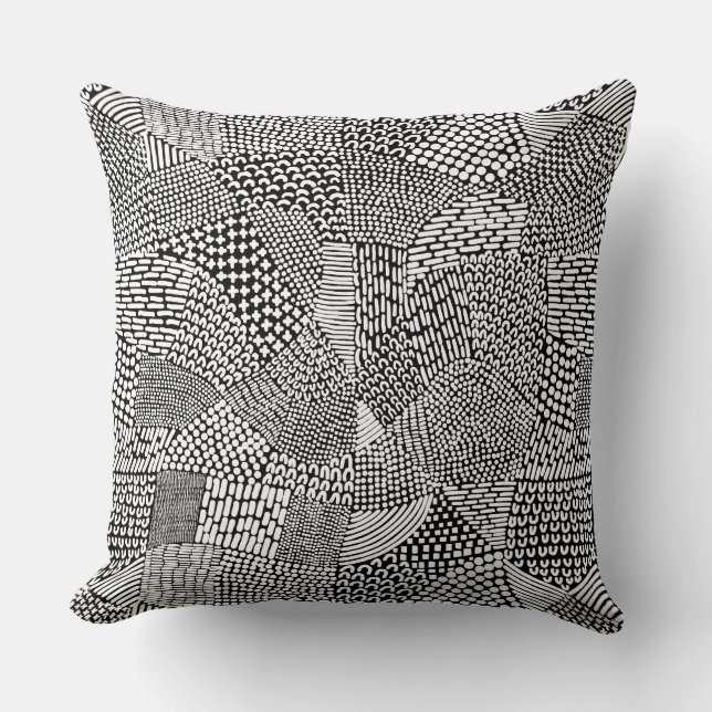Abstract Patchwork Map - White on Black Throw Pillow (Front)