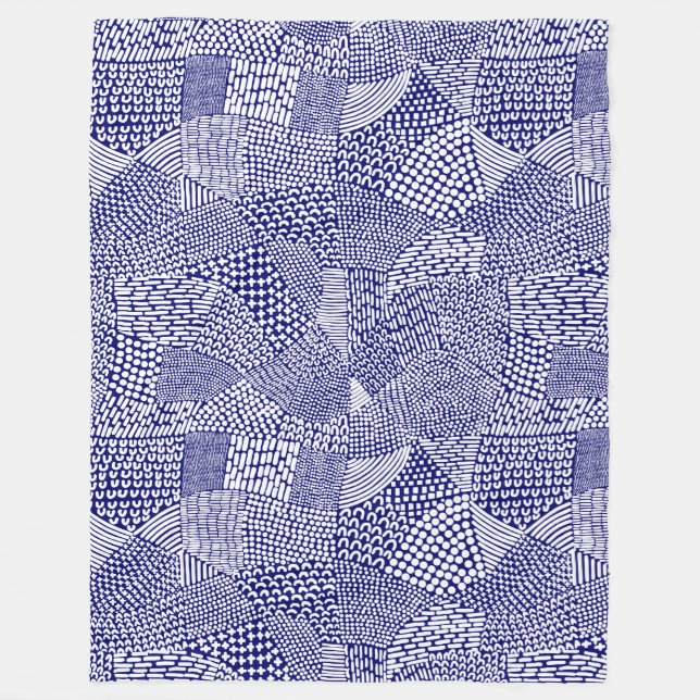 Abstract Patchwork Map - White on Deep Navy Blue Fleece Blanket (Front)