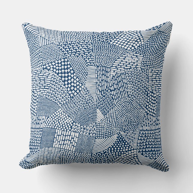 Abstract Patchwork Map - White on Indigo Dye Blue Throw Pillow (Front)