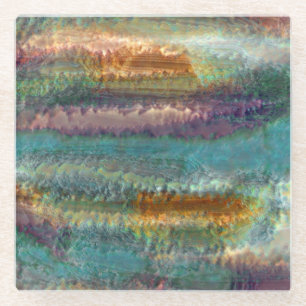 Abstract patina green copper leaves pattern glass coaster