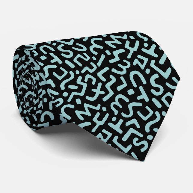 Abstract Pattern 170822 - Lt Blue Green on Black Tie (Rolled)