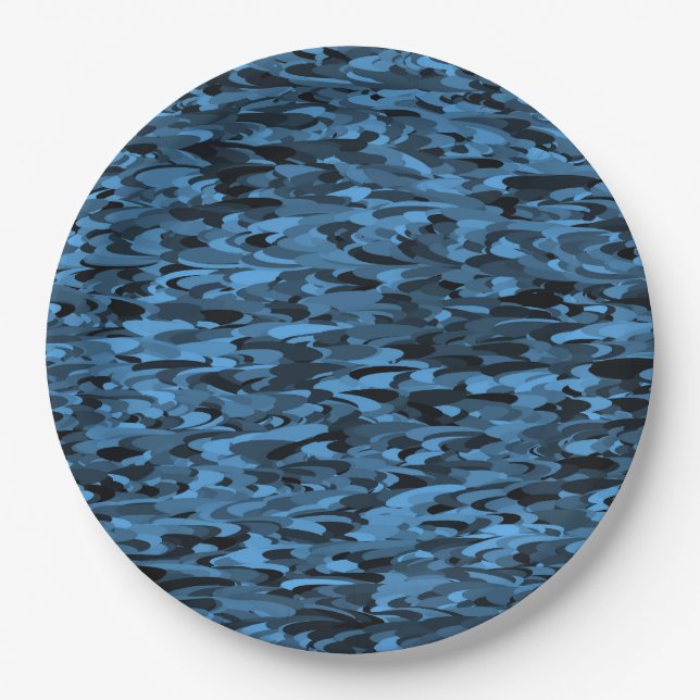 Abstract Pattern Blue Black Paper Plate (Front)