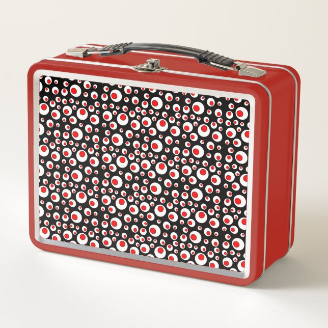 Abstract Pattern of Bright Red White Circles Black Metal Lunch Box (Front)