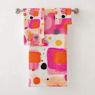 Abstract Pattern of Pink Color Blocks Mid Century Bath Towel Set
