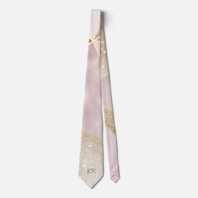 Abstract Pattern Pink Gold Glitter Monogrammed Tie (Front)