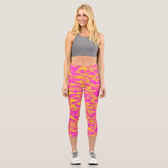 Abstract Pattern Pink Yellow Orange Capri Leggings (Front)