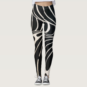 Abstract pattern with black and white wavy lines leggings