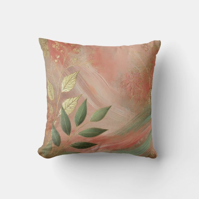 Abstract Peach-Golden Leaf Artwork Style 23 Throw Pillow (Front)
