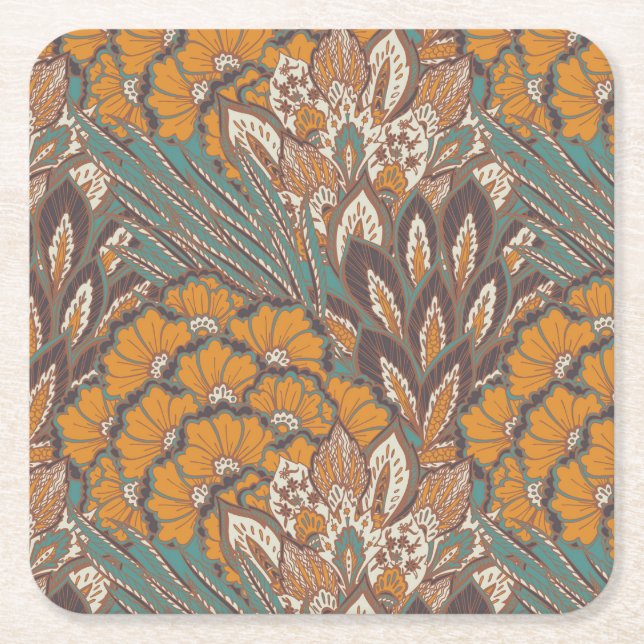 Abstract Peacock Feather Pattern Square Paper Coaster (Front)