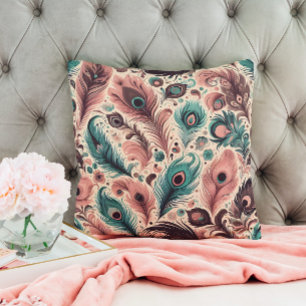 Abstract peacock feathers flower pink turquoise  throw pillow