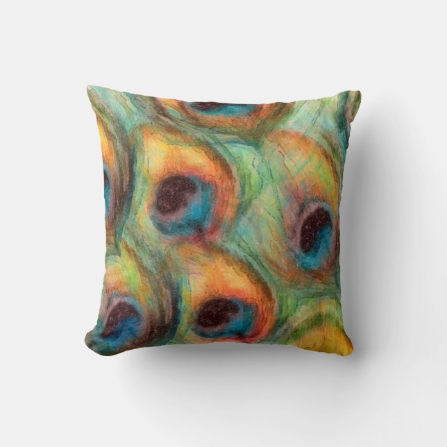 Abstract Peacock Feathers in Blue and Green Orange Throw Pillow (Front)