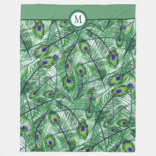 Abstract Peacock Feathers Pattern Monogram Fleece Blanket